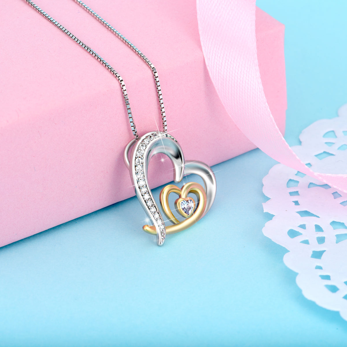 Double Heart Diamond Pendant Necklace — 925 Sterling Silver & Gold