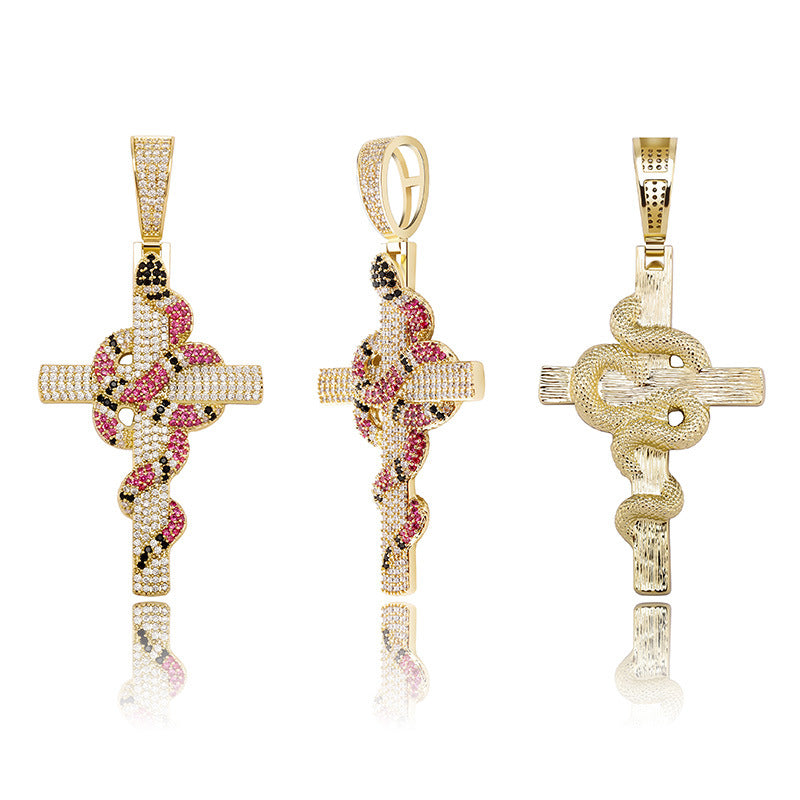 Snake Cross Pendant Necklace — Men's AAA Zircon Statement Piece