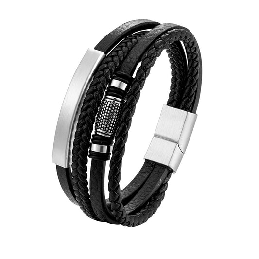 Leather & Steel Bead Bracelet for Men — 3 Finishes, S/M/L