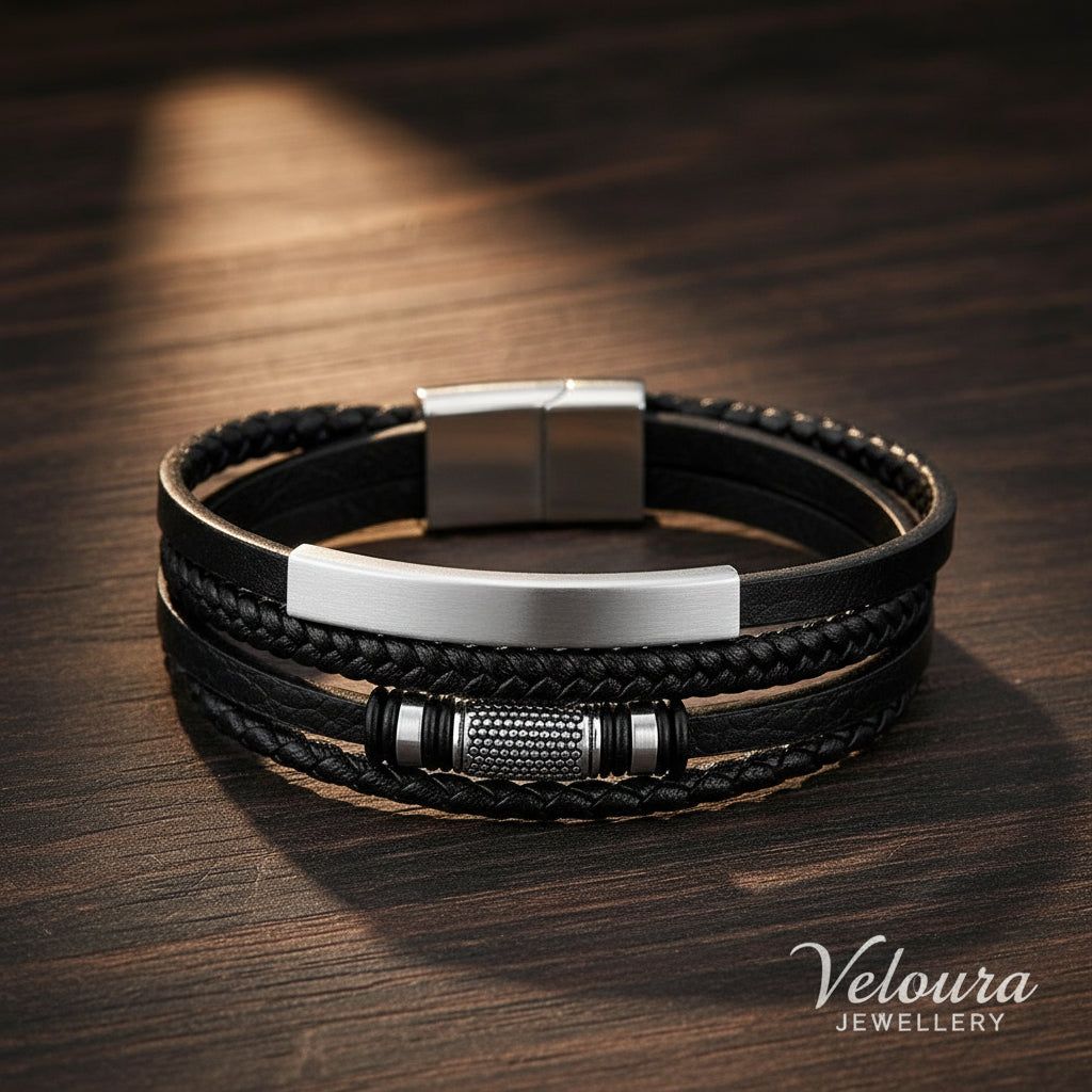 Black braided leather bracelet with silver metal clasps on a white background