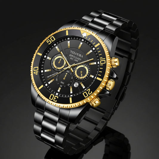 Black and gold watch with detailed face on a white background