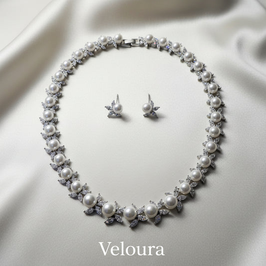 Zircon Pearl Bridal Necklace & Earring Set — AAA Crystal, Gold & Silver