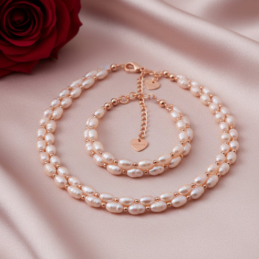 Freshwater Pearl Necklace & Bracelet Set — White & Pink