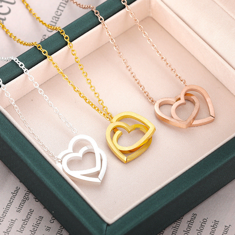 Double Heart Pendant Necklace — Gold, Silver & Rose Gold Stainless Steel